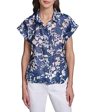 KARL LAGERFELD PARIS Woven Floral Print Point Collar Cap Sleeves Burnout Bungee Top