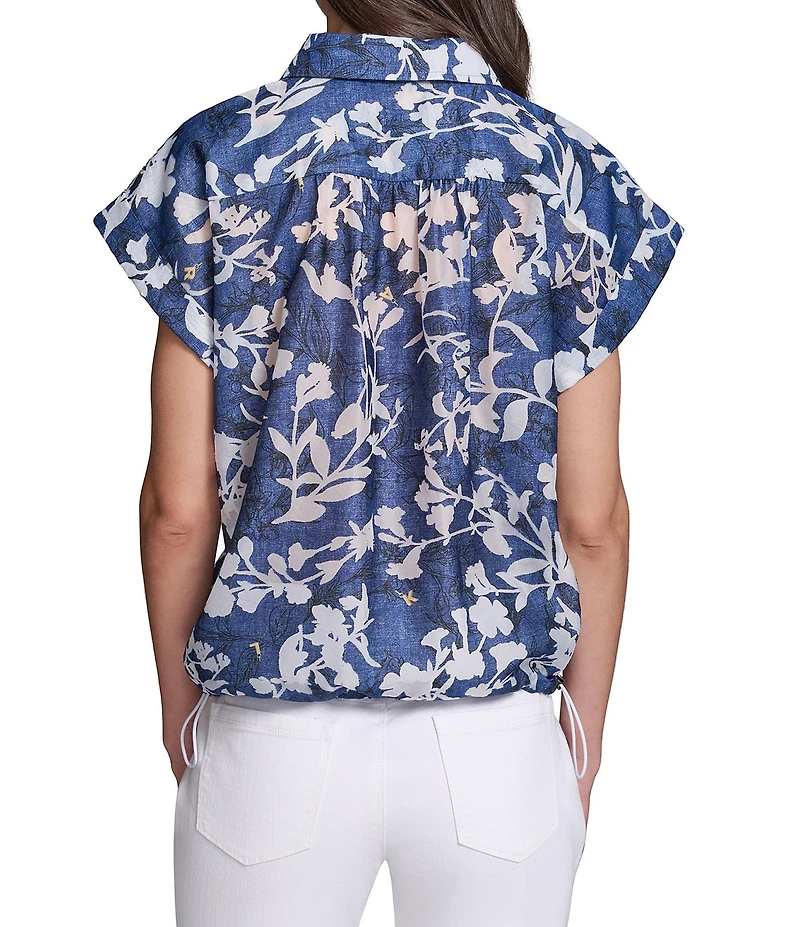 KARL LAGERFELD PARIS Woven Floral Print Point Collar Cap Sleeves Burnout Bungee Top