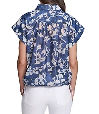 KARL LAGERFELD PARIS Woven Floral Print Point Collar Cap Sleeves Burnout Bungee Top