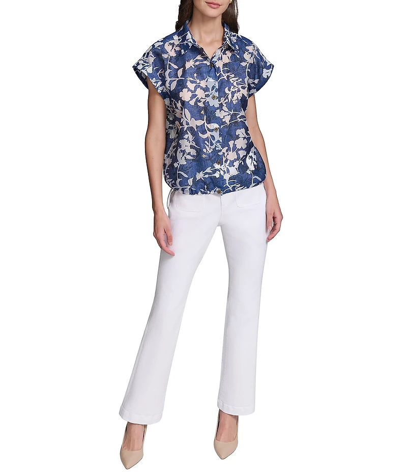 KARL LAGERFELD PARIS Woven Floral Print Point Collar Cap Sleeves Burnout Bungee Top