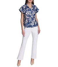 KARL LAGERFELD PARIS Woven Floral Print Point Collar Cap Sleeves Burnout Bungee Top