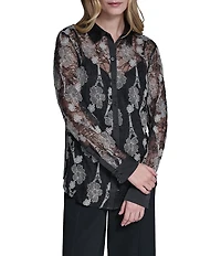 KARL LAGERFELD PARIS Woven Floral Print Point Collar Long Sleeve Shirt