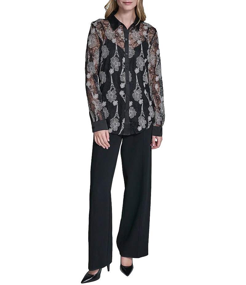 KARL LAGERFELD PARIS Woven Floral Print Point Collar Long Sleeve Shirt