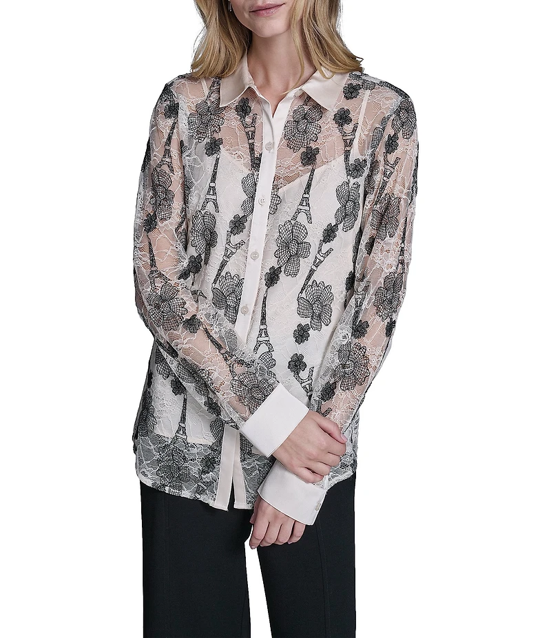 KARL LAGERFELD PARIS Woven Floral Print Point Collar Long Sleeve Shirt