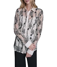 KARL LAGERFELD PARIS Woven Floral Print Point Collar Long Sleeve Shirt