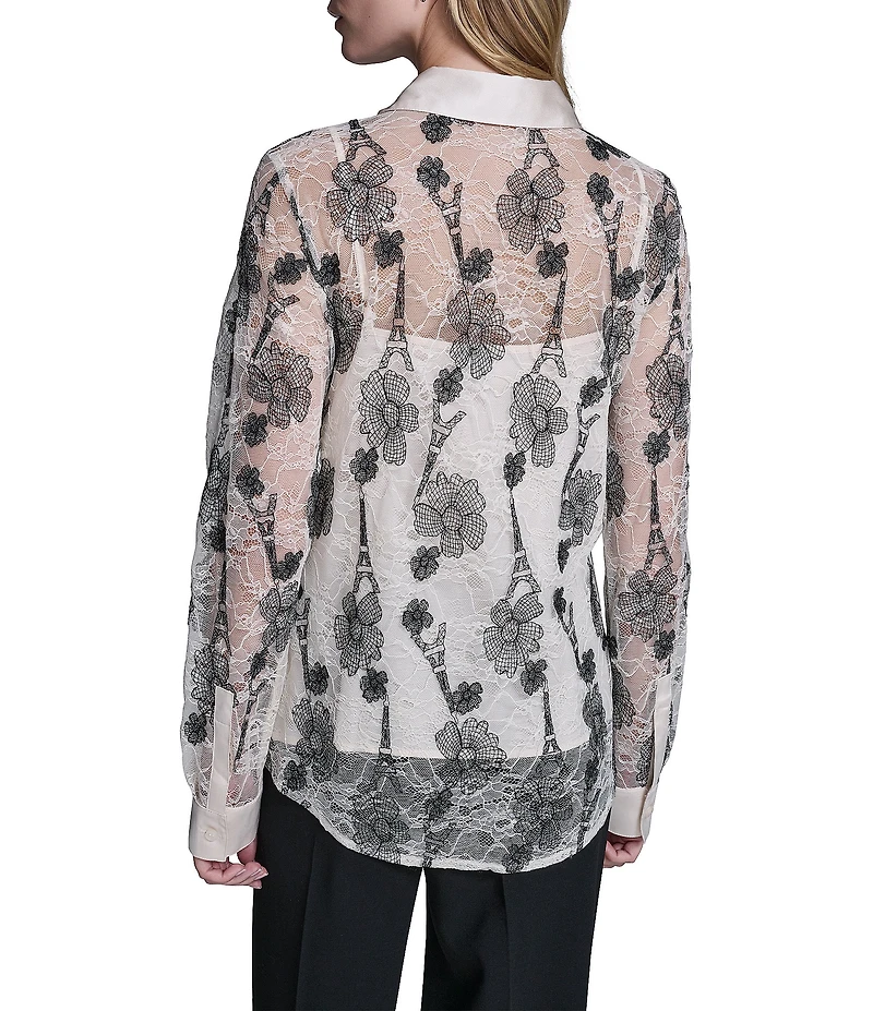 KARL LAGERFELD PARIS Woven Floral Print Point Collar Long Sleeve Shirt