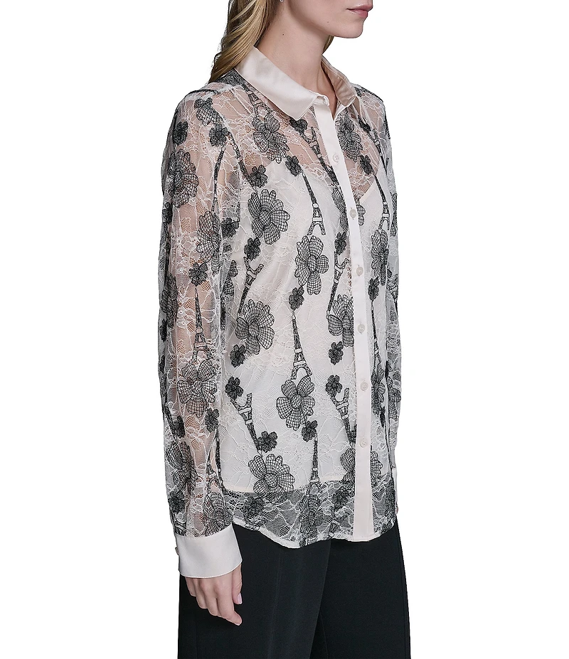 KARL LAGERFELD PARIS Woven Floral Print Point Collar Long Sleeve Shirt