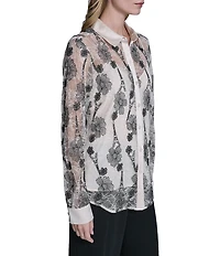 KARL LAGERFELD PARIS Woven Floral Print Point Collar Long Sleeve Shirt