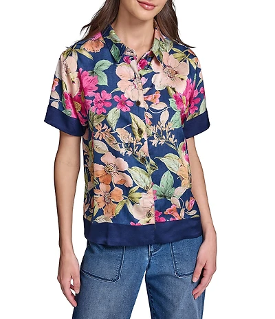 KARL LAGERFELD PARIS Woven Floral Print Point Collar Short Sleeve Camp Shirt