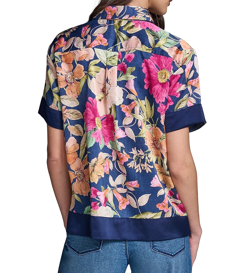 KARL LAGERFELD PARIS Woven Floral Print Point Collar Short Sleeve Camp Shirt