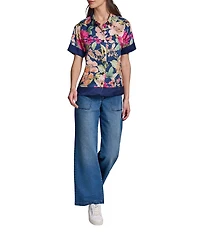 KARL LAGERFELD PARIS Woven Floral Print Point Collar Short Sleeve Camp Shirt