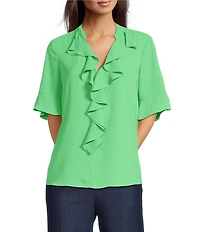 KARL LAGERFELD PARIS Woven Georgette V-Neck Short Sleeve Ruffle Front Blouse
