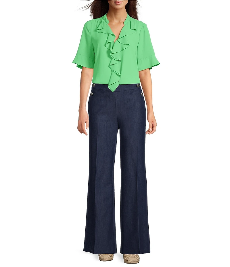 KARL LAGERFELD PARIS Woven Georgette V-Neck Short Sleeve Ruffle Front Blouse
