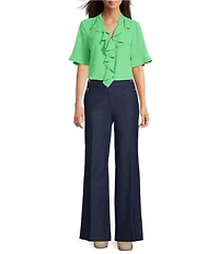 KARL LAGERFELD PARIS Woven Georgette V-Neck Short Sleeve Ruffle Front Blouse