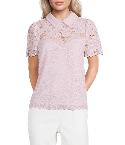KARL LAGERFELD PARIS Woven Lace Point Collar Short Sleeve Sweetheart Blouse