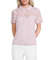 KARL LAGERFELD PARIS Woven Lace Point Collar Short Sleeve Sweetheart Blouse