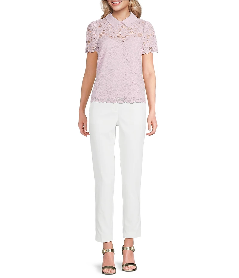 KARL LAGERFELD PARIS Woven Lace Point Collar Short Sleeve Sweetheart Blouse