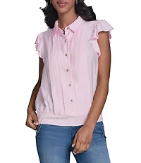 KARL LAGERFELD PARIS Woven Point Collar Cap Sleeve Ruffle Top