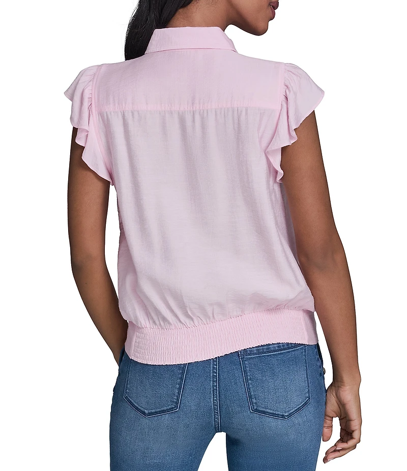 KARL LAGERFELD PARIS Woven Point Collar Cap Sleeve Ruffle Top