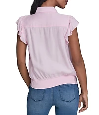 KARL LAGERFELD PARIS Woven Point Collar Cap Sleeve Ruffle Top