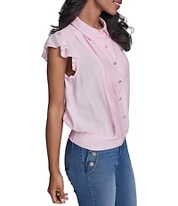 KARL LAGERFELD PARIS Woven Point Collar Cap Sleeve Ruffle Top