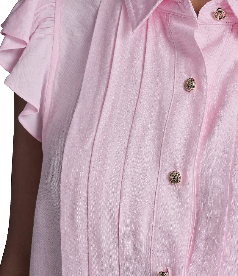 KARL LAGERFELD PARIS Woven Point Collar Cap Sleeve Ruffle Top