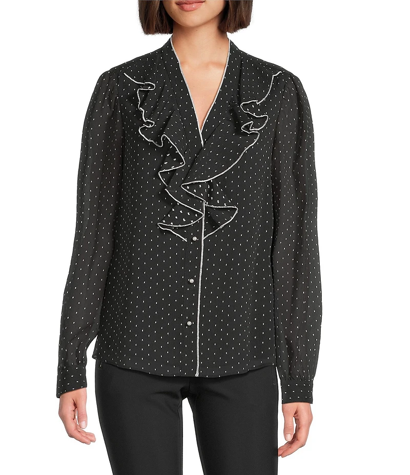 KARL LAGERFELD PARIS Woven Polka Dot Print V-Neck Long Sleeve Ruffle Front Blouse