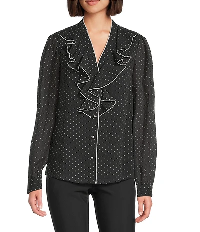KARL LAGERFELD PARIS Woven Polka Dot Print V-Neck Long Sleeve Ruffle Front Blouse