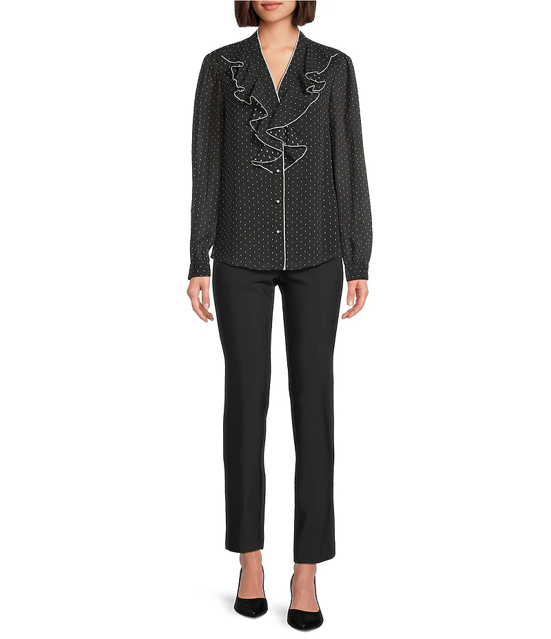 KARL LAGERFELD PARIS Woven Polka Dot Print V-Neck Long Sleeve Ruffle Front Blouse
