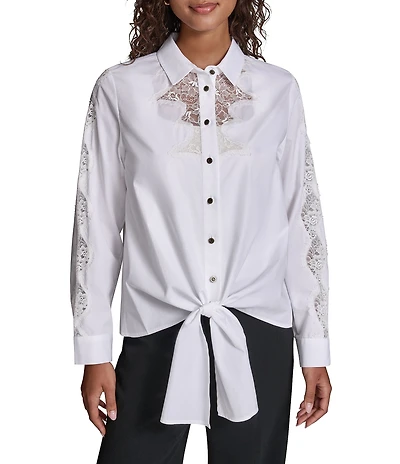 KARL LAGERFELD PARIS Woven Poplin Point Collar Long Sleeve Lace Shirt