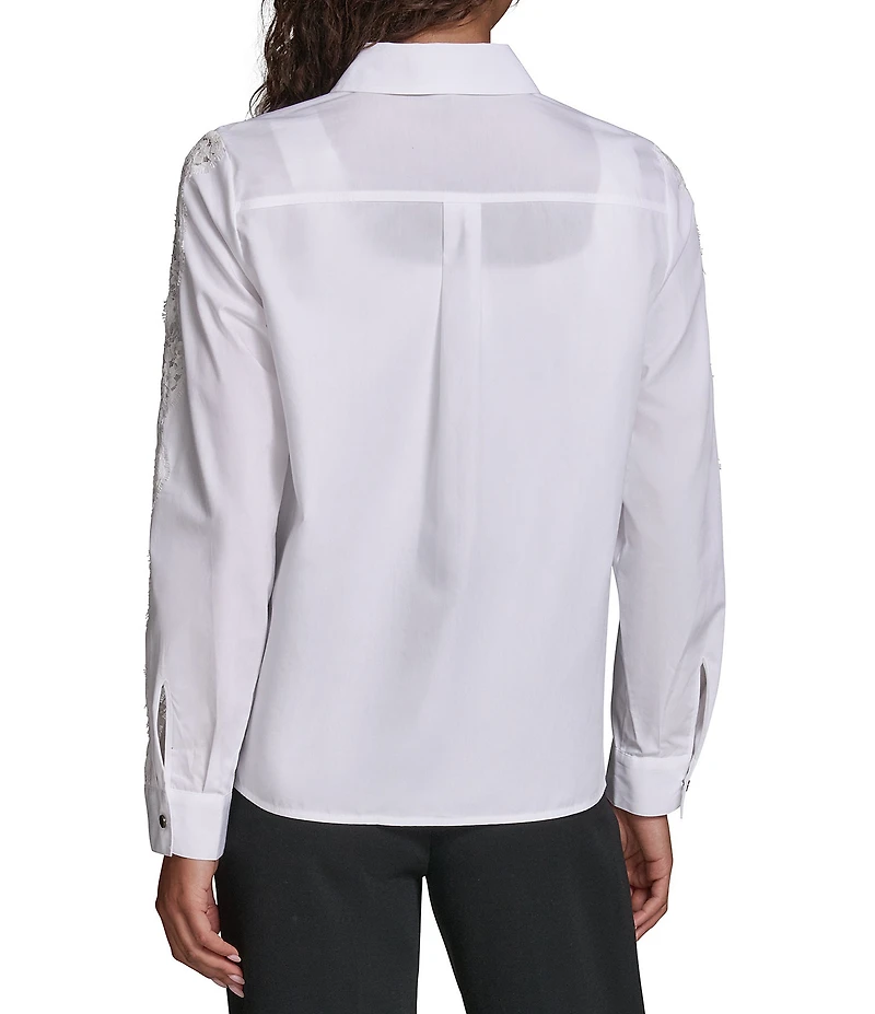 KARL LAGERFELD PARIS Woven Poplin Point Collar Long Sleeve Lace Shirt