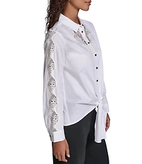 KARL LAGERFELD PARIS Woven Poplin Point Collar Long Sleeve Lace Shirt