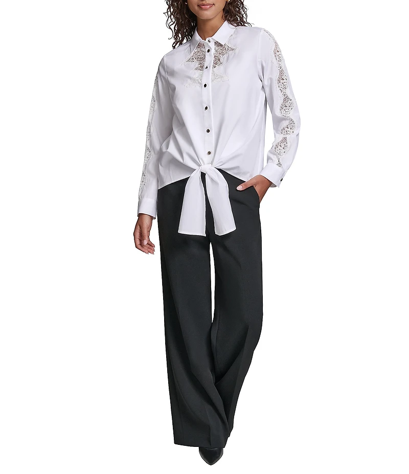 KARL LAGERFELD PARIS Woven Poplin Point Collar Long Sleeve Lace Shirt