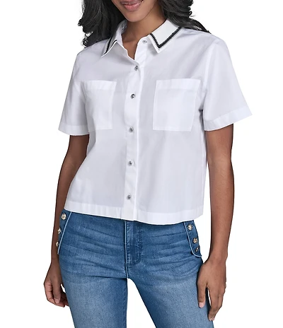 KARL LAGERFELD PARIS Woven Poplin Point Collar Short Sleeve Top