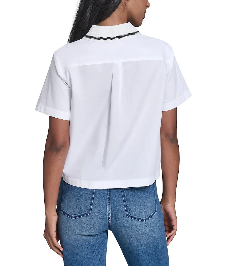 KARL LAGERFELD PARIS Woven Poplin Point Collar Short Sleeve Top