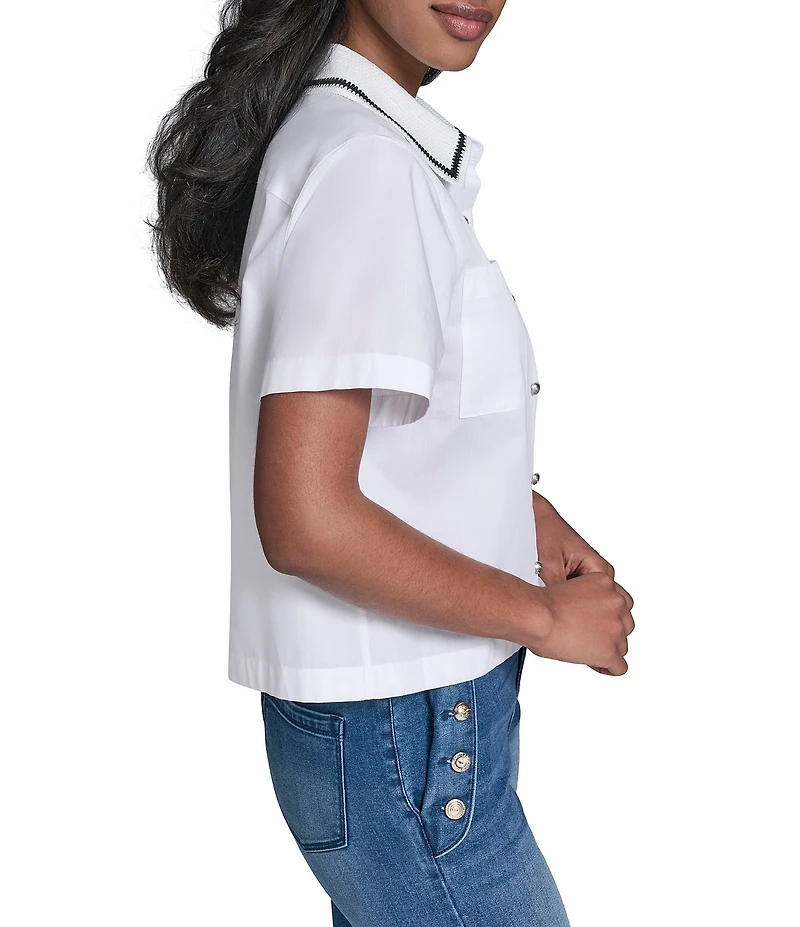 KARL LAGERFELD PARIS Woven Poplin Point Collar Short Sleeve Top