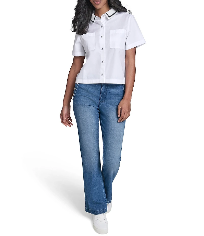 KARL LAGERFELD PARIS Woven Poplin Point Collar Short Sleeve Top