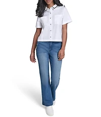 KARL LAGERFELD PARIS Woven Poplin Point Collar Short Sleeve Top
