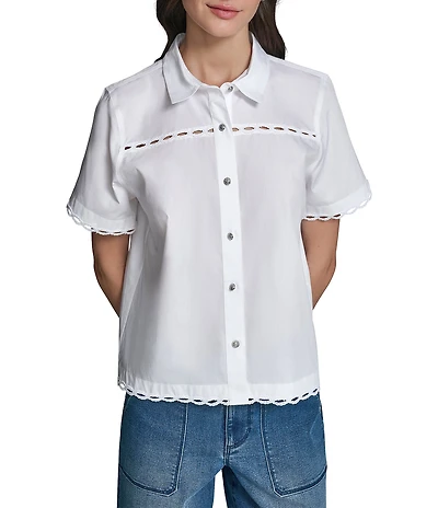 KARL LAGERFELD PARIS Woven Poplin Point Collar Short Sleeve Top