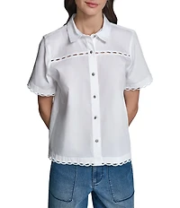 KARL LAGERFELD PARIS Woven Poplin Point Collar Short Sleeve Top