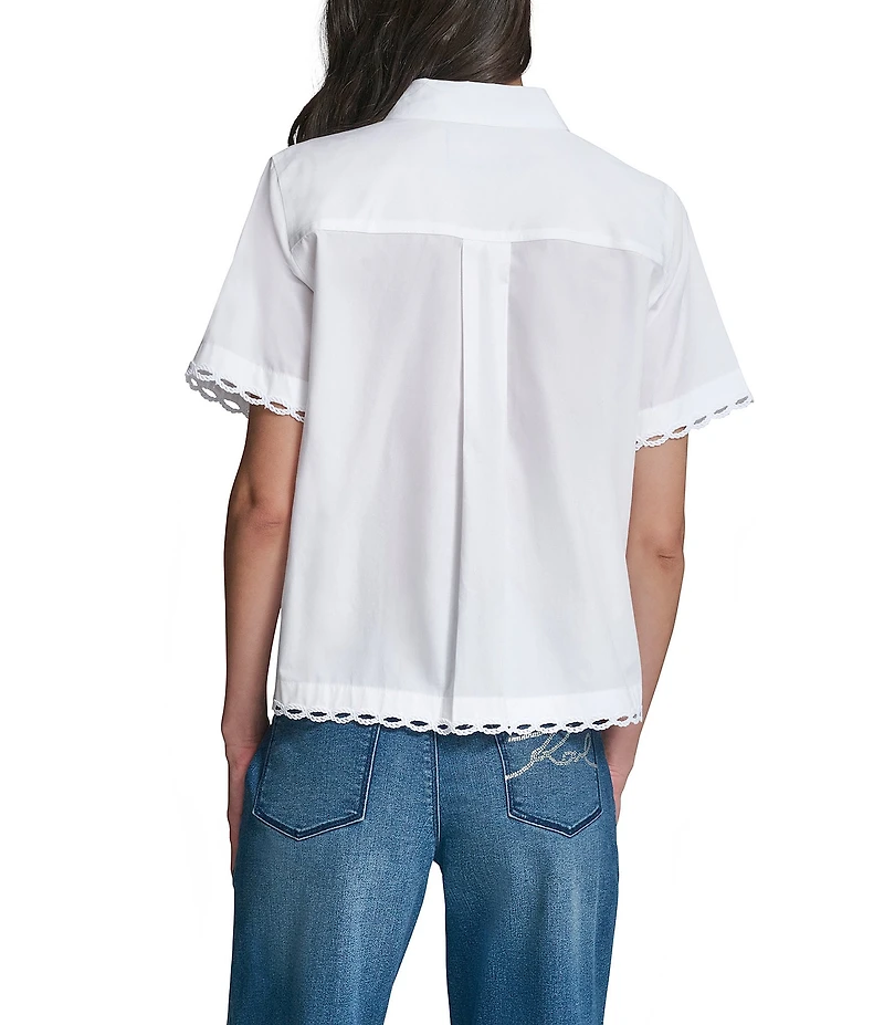 KARL LAGERFELD PARIS Woven Poplin Point Collar Short Sleeve Top