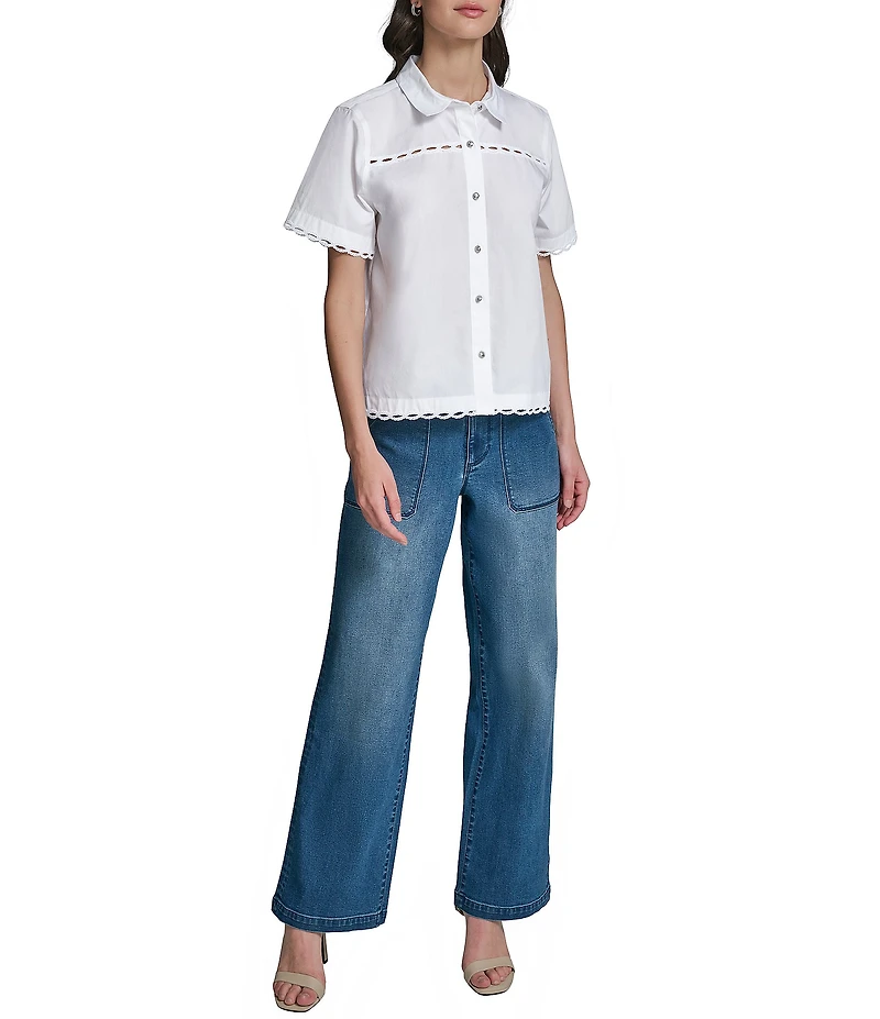 KARL LAGERFELD PARIS Woven Poplin Point Collar Short Sleeve Top