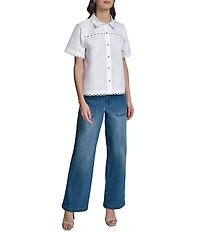 KARL LAGERFELD PARIS Woven Poplin Point Collar Short Sleeve Top