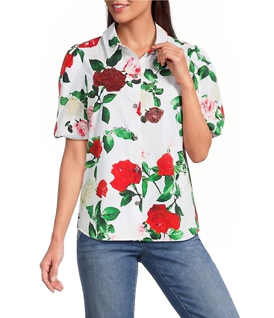 KARL LAGERFELD PARIS Woven Poplin Floral Print Point Collar Short Sleeve Shirt