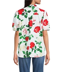 KARL LAGERFELD PARIS Woven Poplin Floral Print Point Collar Short Sleeve Shirt