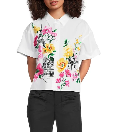 KARL LAGERFELD PARIS Woven Poplin Print Point Collar Short Sleeve Top