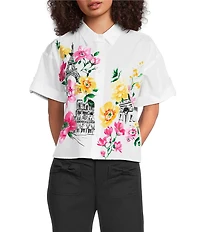 KARL LAGERFELD PARIS Woven Poplin Print Point Collar Short Sleeve Top