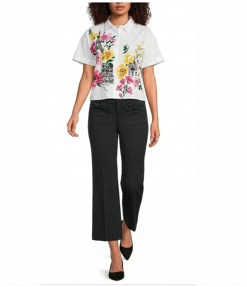 KARL LAGERFELD PARIS Woven Poplin Print Point Collar Short Sleeve Top