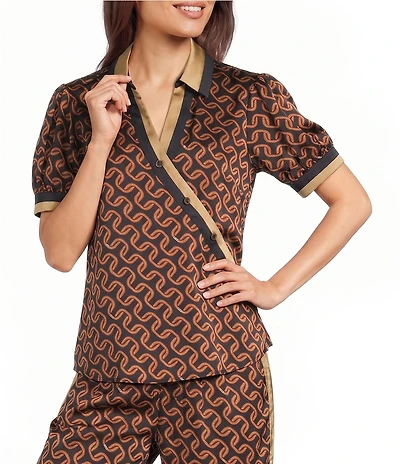 KARL LAGERFELD PARIS Woven Geometric Printed Spread Collar Short Sleeve Crossover Coordinating Blouse