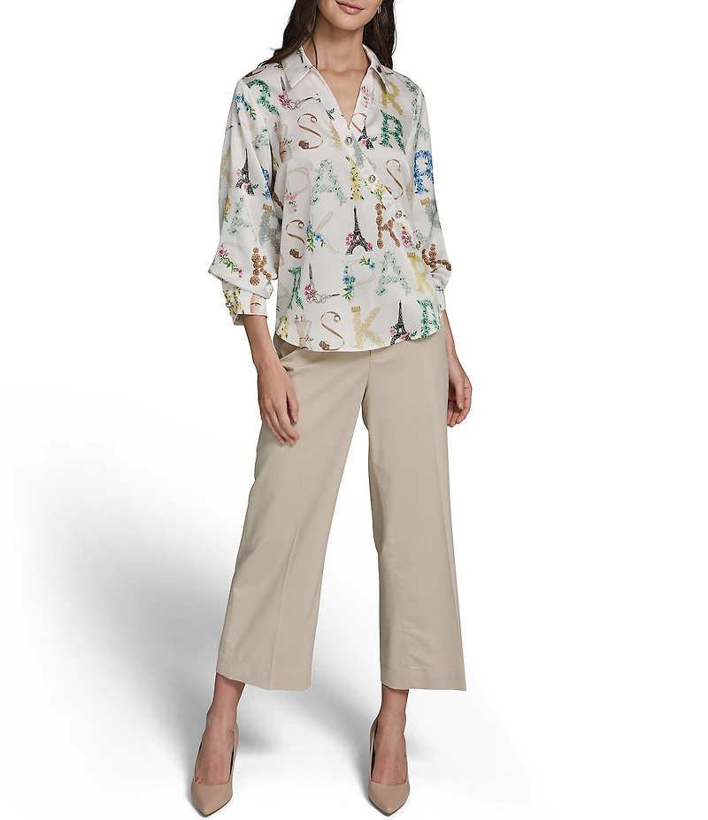 KARL LAGERFELD PARIS Woven Printed Point Collar Long Sleeve Blouse